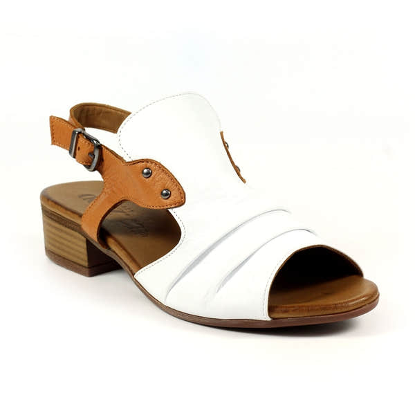 Lunar JLD102 Jaden Women's White Leather Buckle Sandals with Tan Accent and Low Block Heel.