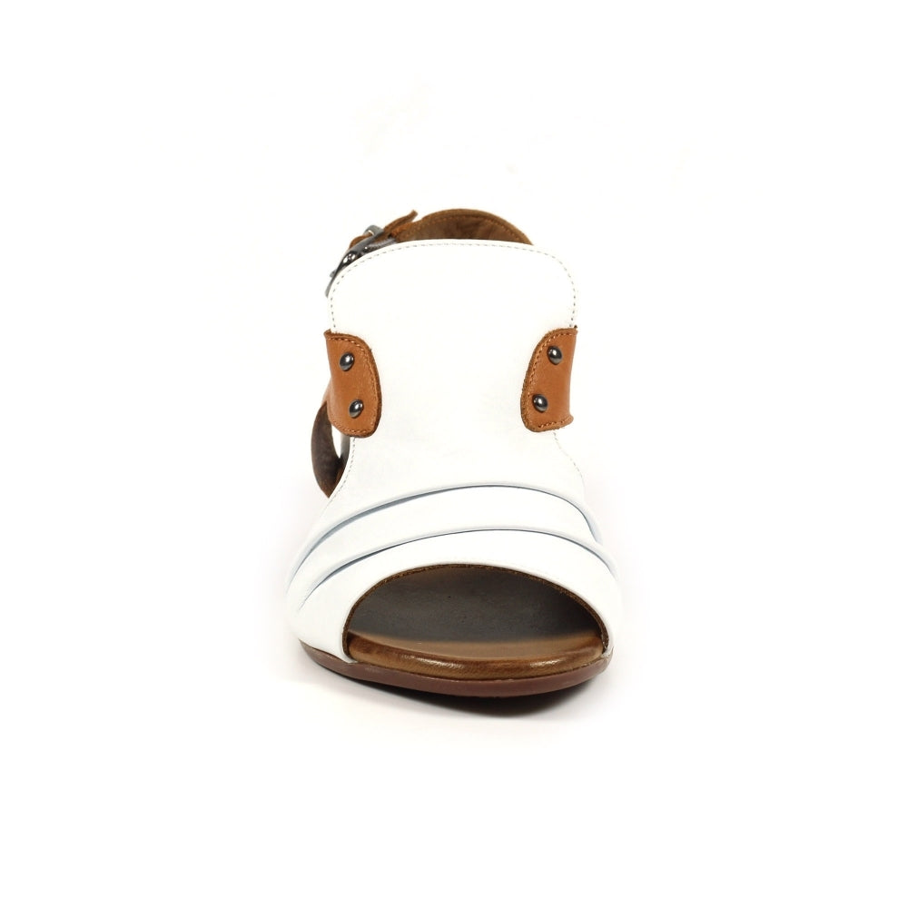 Lunar JLD102 Jaden Ladies White Leather Buckle Sandals with brown accents and open toe design.