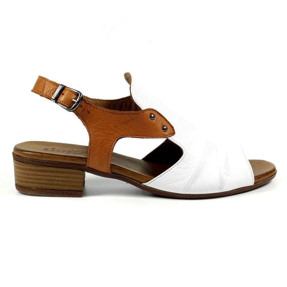 Lunar JLD102 Jaden Women's White Leather Buckle Sandals with Low Block Heel and ankle strap.