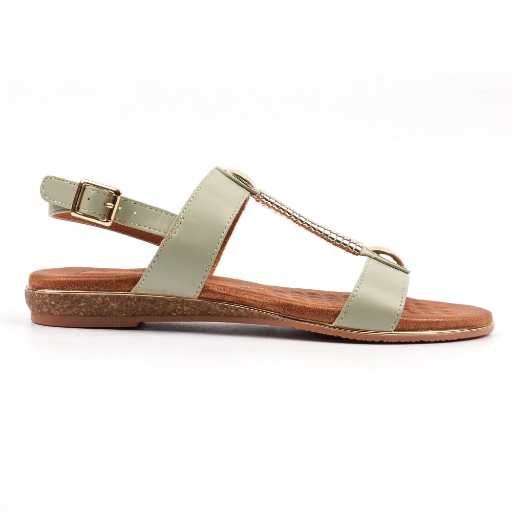 Lunar JLH276 Renoir women's sage green leather buckle sandals with decorative chain detail and flat cork sole.