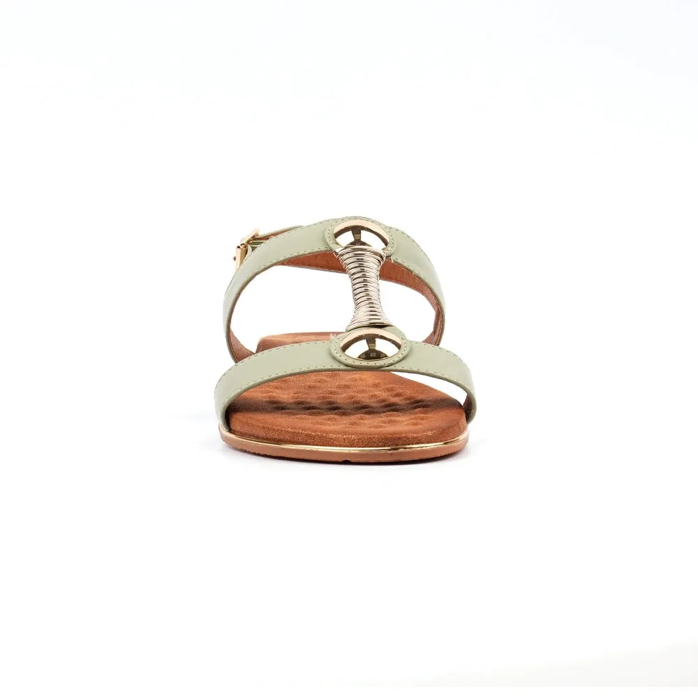 Lunar JLH276 Renoir Ladies Sage Green Leather Buckle Sandals with metallic accents and wooden sole.