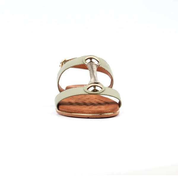 Lunar JLH276 Renoir Ladies Sage Green Leather Buckle Sandals with metallic accents and wooden sole.