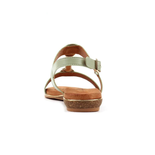 Lunar JLH276 Renoir women's sage green leather buckle sandals with cork wedge heel and footbed.