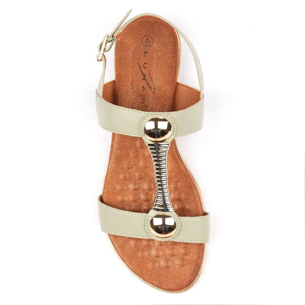 Lunar JLH276 Renoir ladies sage green leather buckle sandal with metallic front accents and ankle strap.