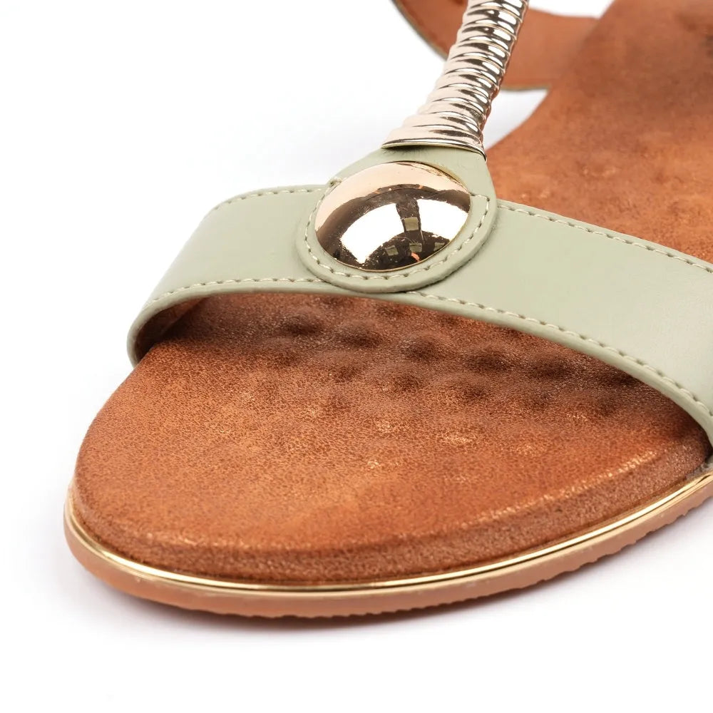 Lunar JLH276 Renoir Ladies Sage Green Leather Buckle Sandals with metallic accents and cushioned brown footbed.