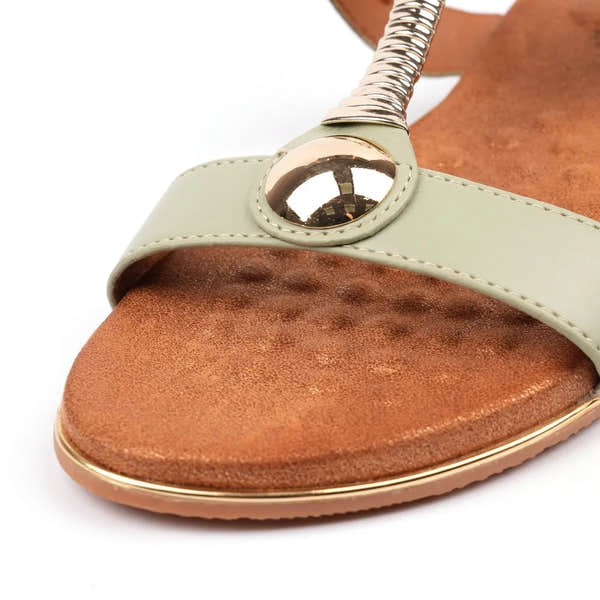 Lunar JLH276 Renoir Ladies Sage Green Leather Buckle Sandals with metallic accents and cushioned brown footbed.