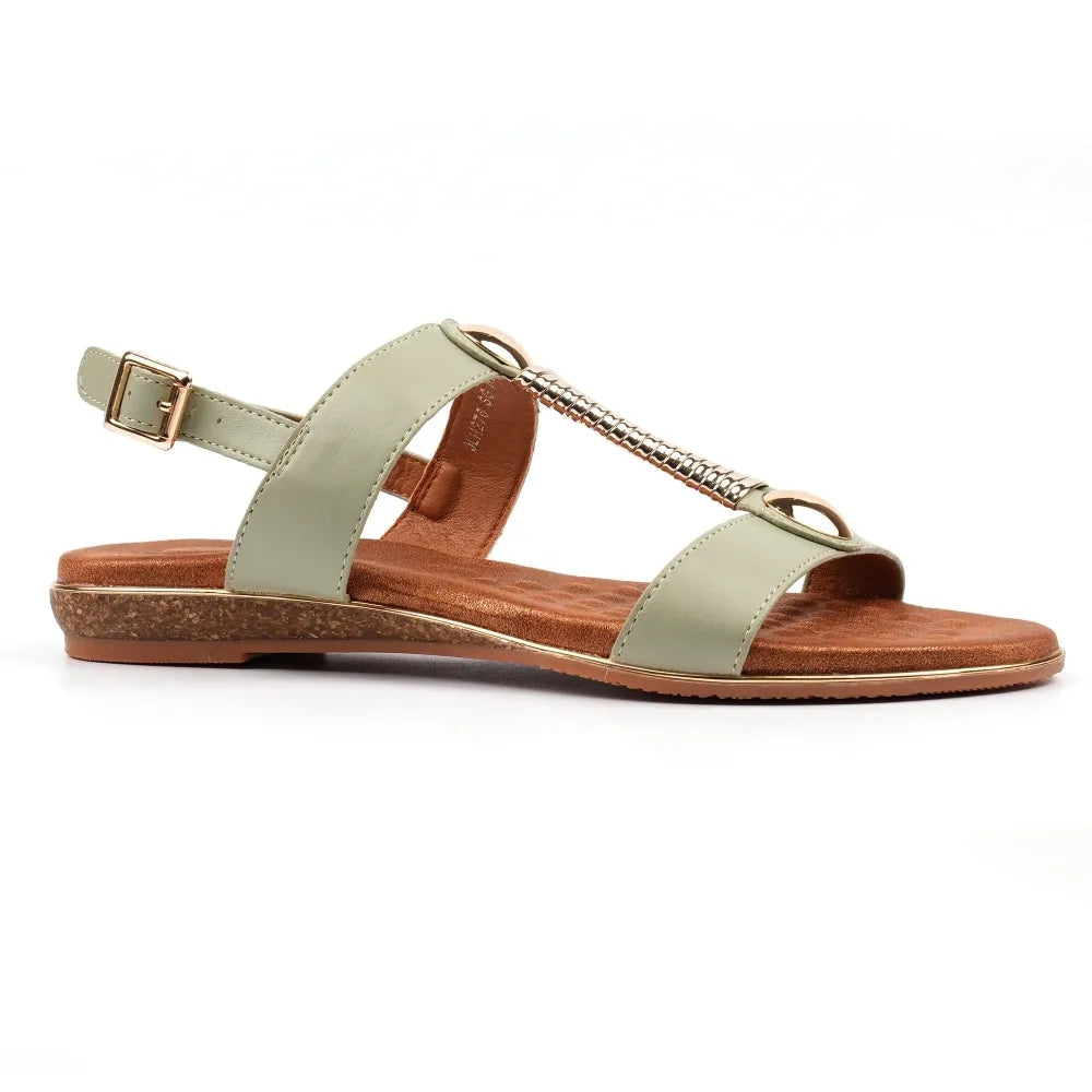 Lunar JLH276 Renoir Ladies Sage Green Leather Buckle Sandals with decorative strap and cork footbed.