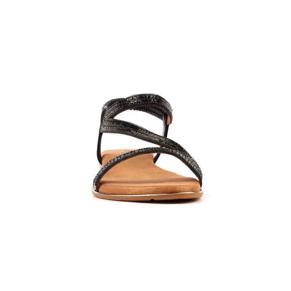 Lunar JLH321 Blaise II women's black elasticated flat sandals with crisscross straps and tan cushioned footbed.
