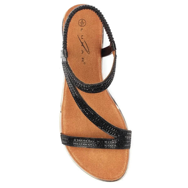 Lunar JLH321 Blaise II women's black elasticated sandals with stylish straps and cushioned footbed.