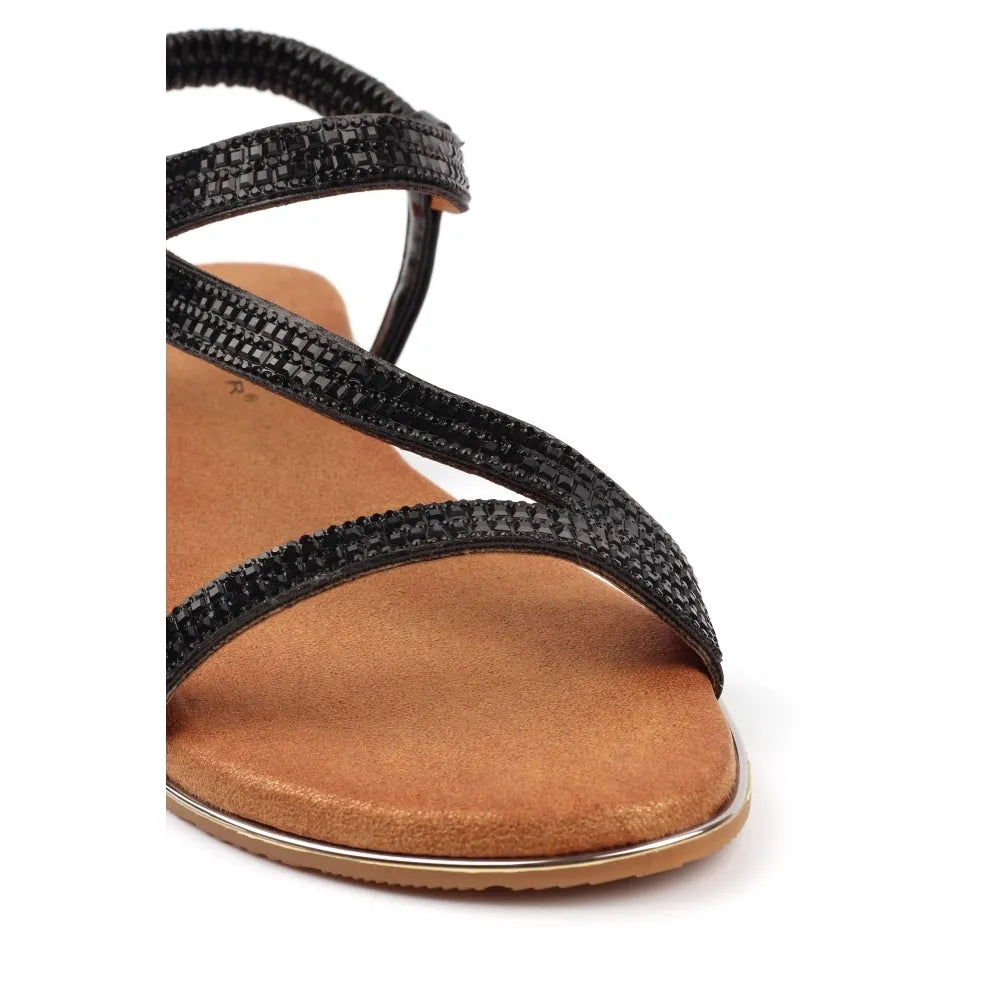 Lunar JLH321 Blaise II Women's Black Elasticated Sandals with cushioned tan footbed and low heel, open toe design.