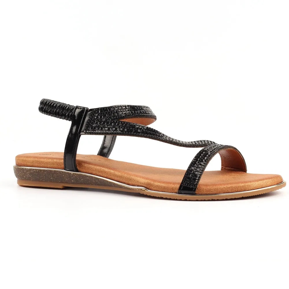 Lunar JLH321 Blaise II Ladies Black Elasticated Sandals, flat open-toe summer footwear with textured straps, cushioned sole, and back ankle strap.