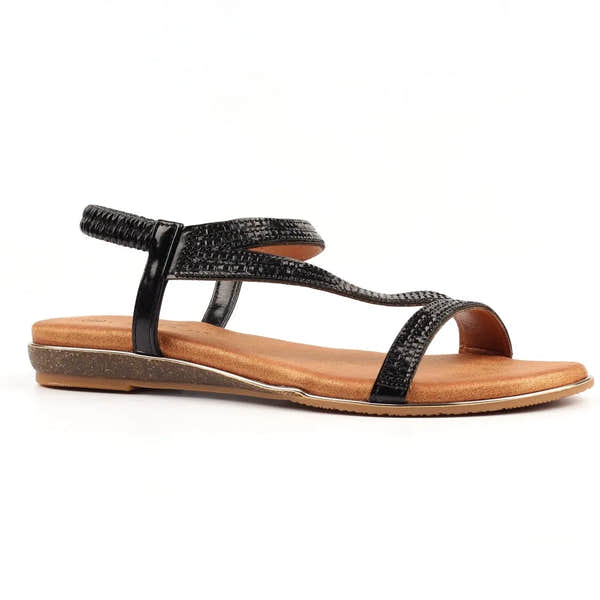 Lunar JLH321 Blaise II Ladies Black Elasticated Sandals, flat open-toe summer footwear with textured straps, cushioned sole, and back ankle strap.
