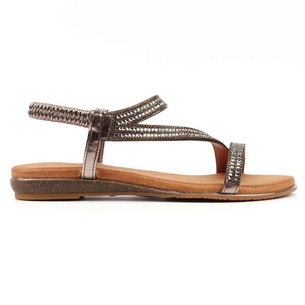 Lunar JLH321 Blaise II women's pewter elasticated sandals with rhinestone embellishments and flat sole.