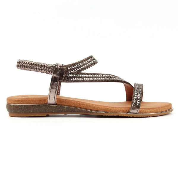 Lunar JLH321 Blaise II women's pewter elasticated sandals with rhinestone embellishments and flat sole.