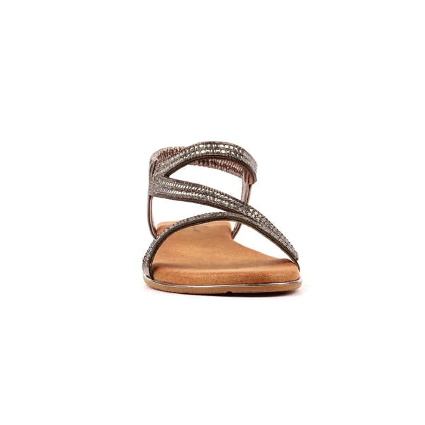 Lunar JLH321 Blaise II ladies pewter elasticated sandals with jeweled straps and cushioned footbed.