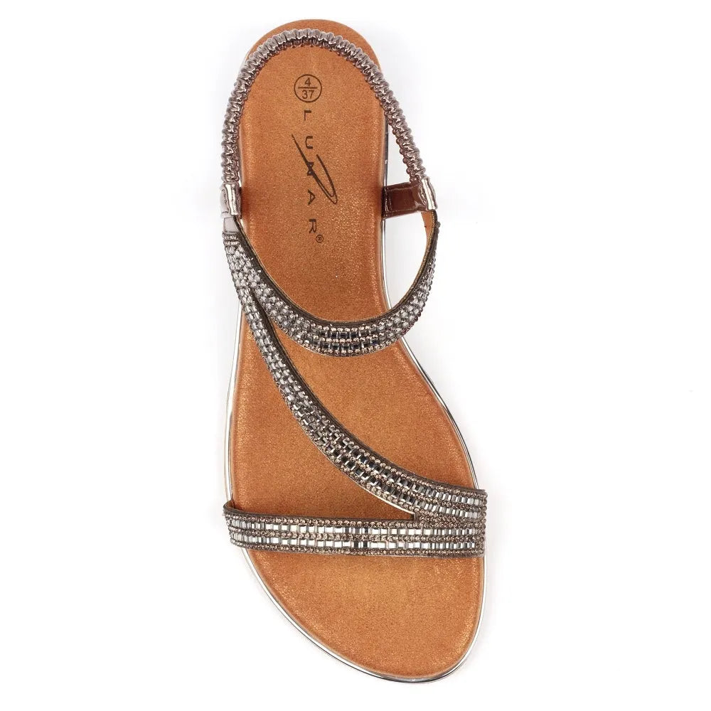 Lunar JLH321 Blaise II Ladies Pewter Elasticated Sandals with rhinestone embellishments and open-toe design.