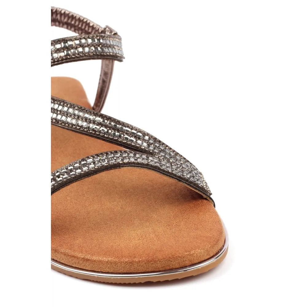 Lunar JLH321 Blaise II women's pewter elasticated sandal with rhinestone-embellished straps and cushioned footbed.