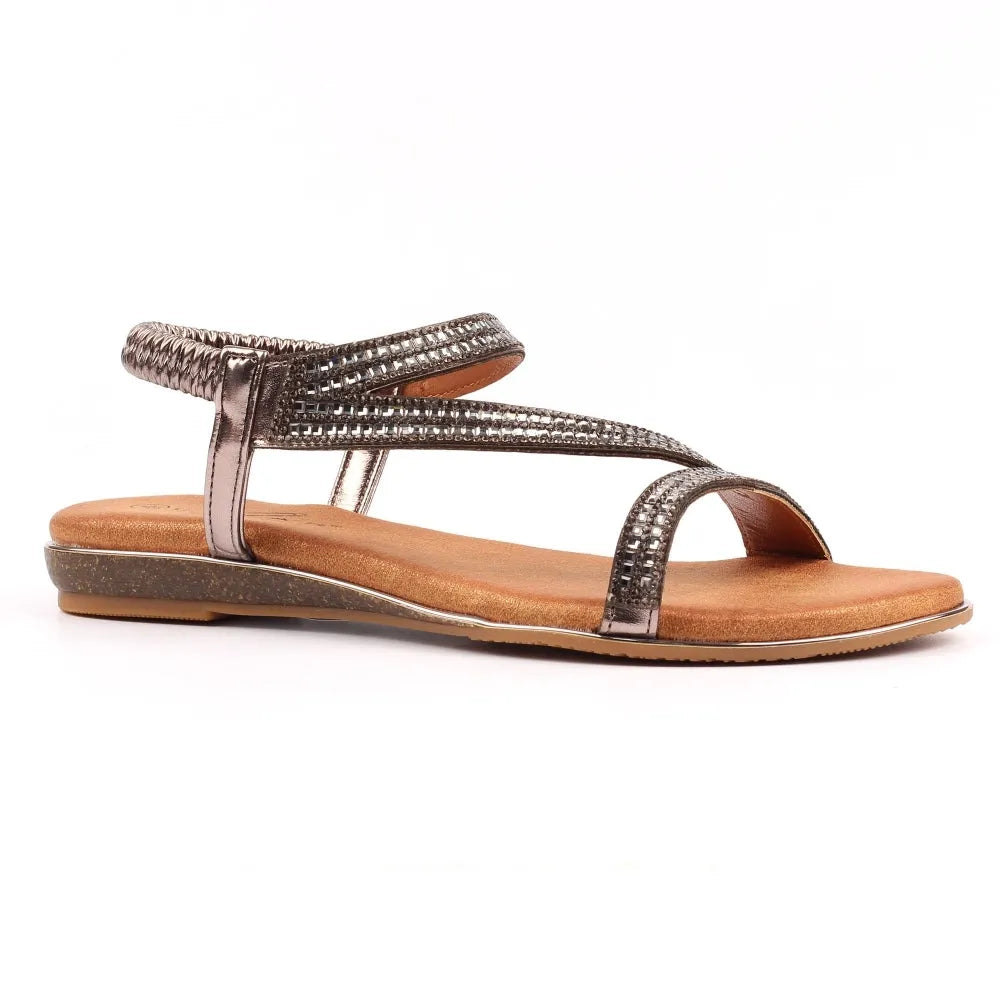 Lunar JLH321 Blaise II Ladies Pewter Elasticated Sandals with rhinestone embellishments and flat sole.
