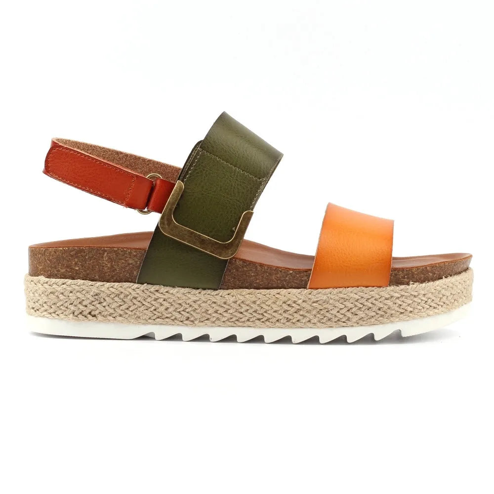 Lunar JLH356 Deanna II women's olive and orange touch fastening sandals with cork footbed and braided jute sole.