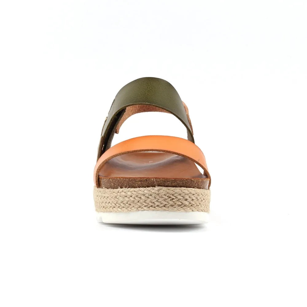 Lunar JLH356 Deanna II Ladies Olive Touch fastening sandals with platform sole, multi-color straps, and espadrille-style base.