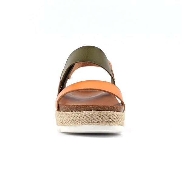 Lunar JLH356 Deanna II Ladies Olive Touch fastening sandals with platform sole, multi-color straps, and espadrille-style base.