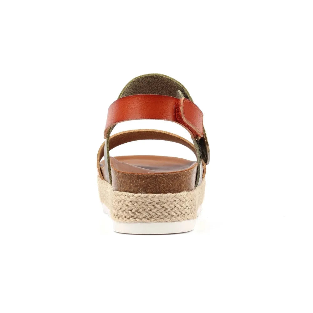 Lunar JLH356 Deanna II Ladies Olive Touch fastening sandals with red, brown, and beige straps, cushioned sole, and woven platform.