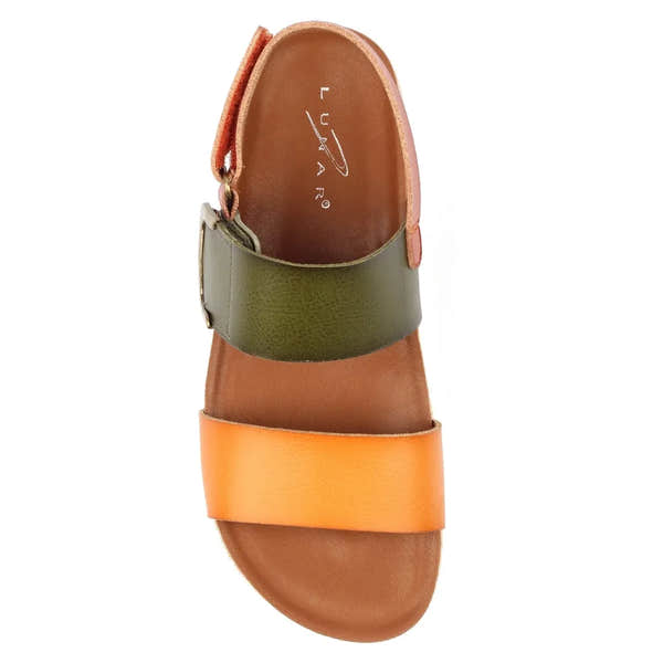 Lunar JLH356 Deanna II Ladies Olive Touch fastening sandals with orange, green, and tan straps, comfortable open-toe design, casual style.
