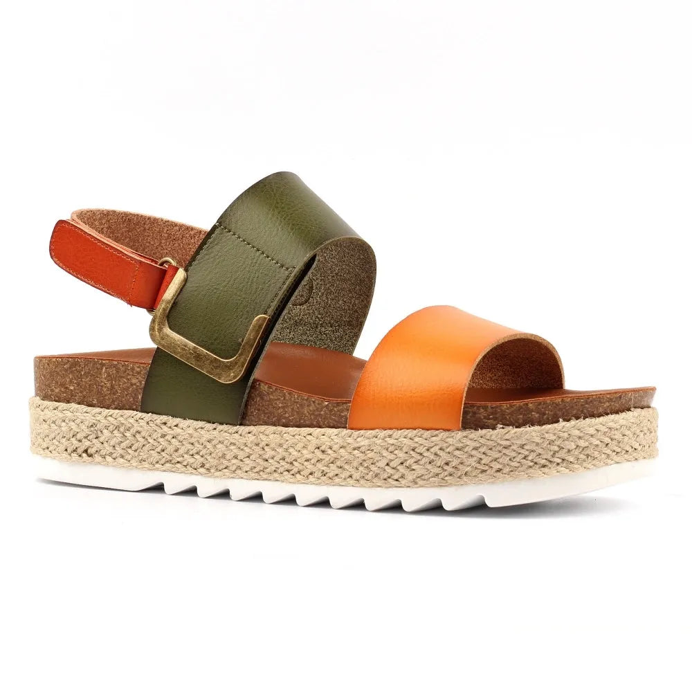 Lunar JLH356 Deanna II women's sandals with olive, orange, and red leather straps, buckle fastening, cork and espadrille-style sole.