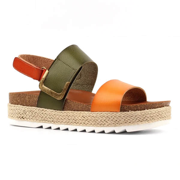 Lunar JLH356 Deanna II women's sandals with olive, orange, and red leather straps, buckle fastening, cork and espadrille-style sole.