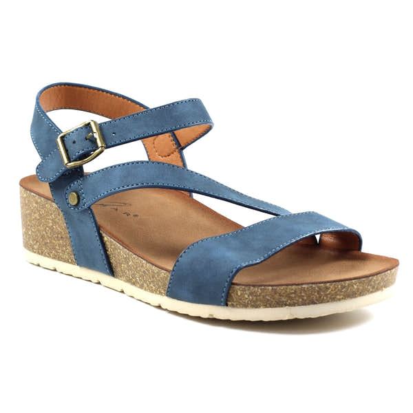 Lunar JLH358 Cluster Ladies Navy Buckle Sandals with adjustable straps, cork wedge heel, and cushioned footbed.