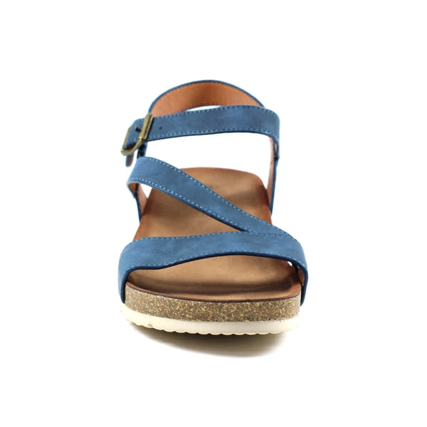 Lunar JLH358 Cluster Ladies Navy Buckle Sandals with strap detail and cork-footbed, stylish and comfortable women's summer footwear.