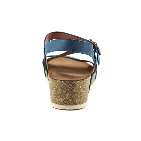 Lunar JLH358 Cluster Ladies Navy Buckle Sandals with cork wedge heel and adjustable ankle strap.