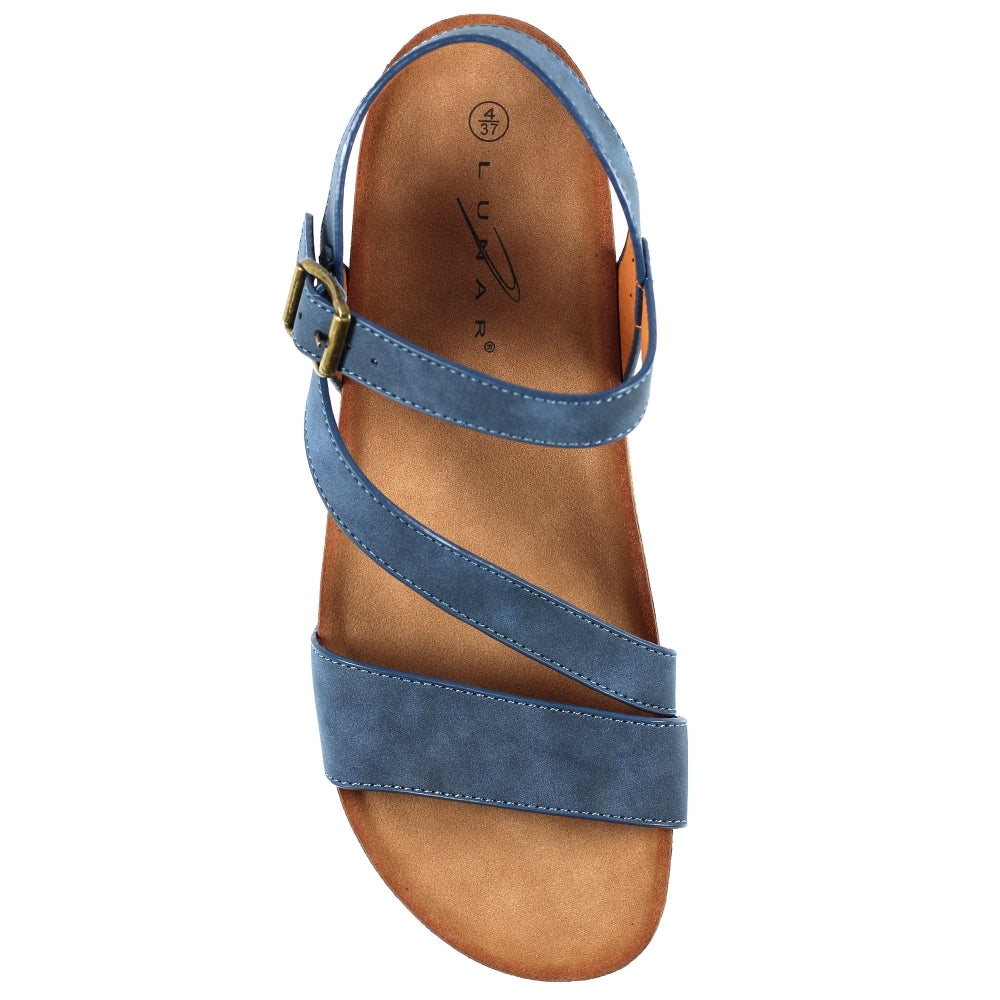 Lunar JLH358 Cluster Ladies Navy Buckle Sandals with two straps and ankle buckle, cushioned insole, casual open-toe design.