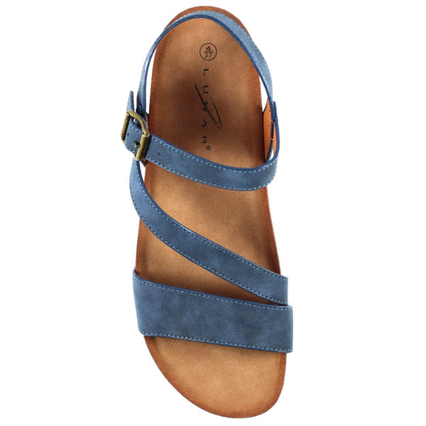 Lunar JLH358 Cluster Ladies Navy Buckle Sandals with two straps and ankle buckle, cushioned insole, casual open-toe design.