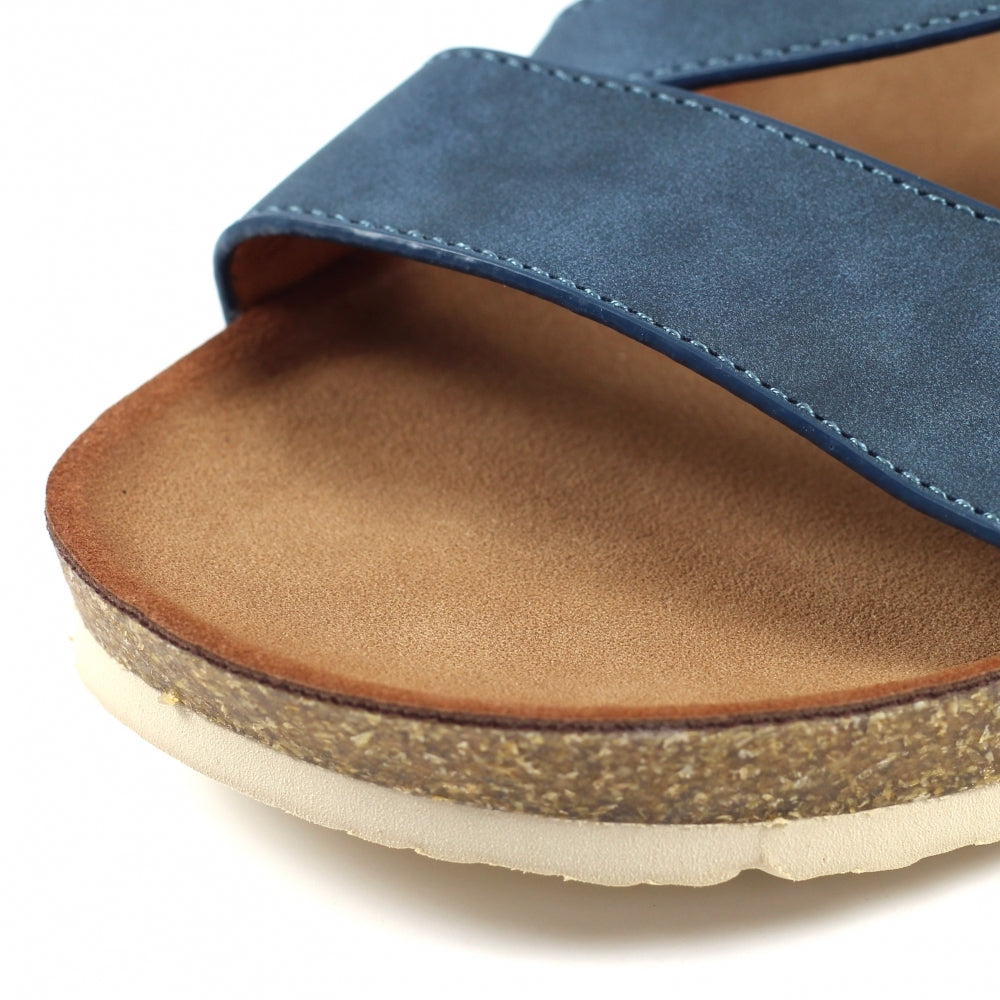 Lunar JLH358 Cluster Ladies Navy Buckle Sandals, open-toe slide with navy strap and cushioned insole.
