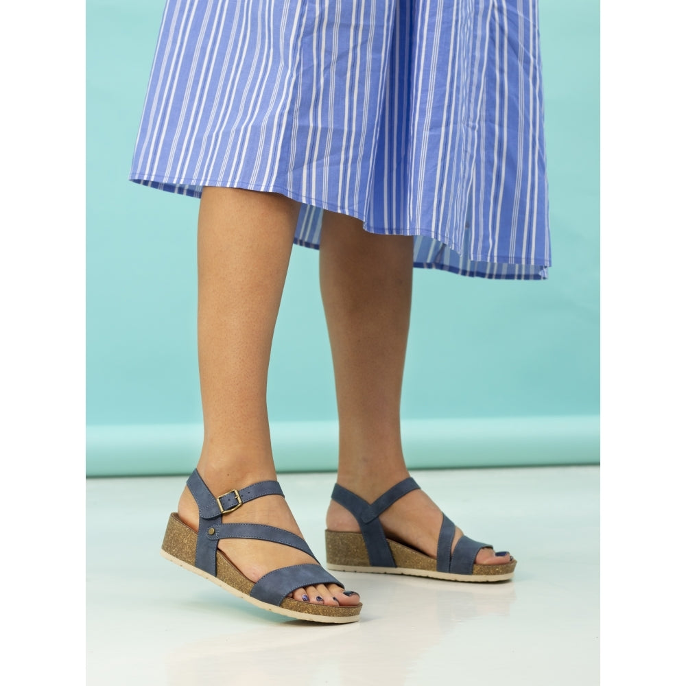 Lunar JLH358 Cluster Ladies Navy Buckle Sandals with ankle strap and cork wedge heel.