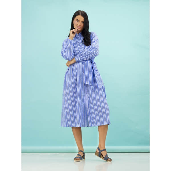 Lunar JLH358 Cluster Ladies Navy Buckle Sandals on woman in blue striped dress, stylish open-toe sandals, summer footwear.