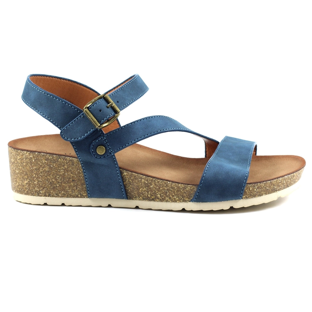 Lunar JLH358 Cluster Ladies Navy Buckle Sandals with ankle strap and cork wedge heel.