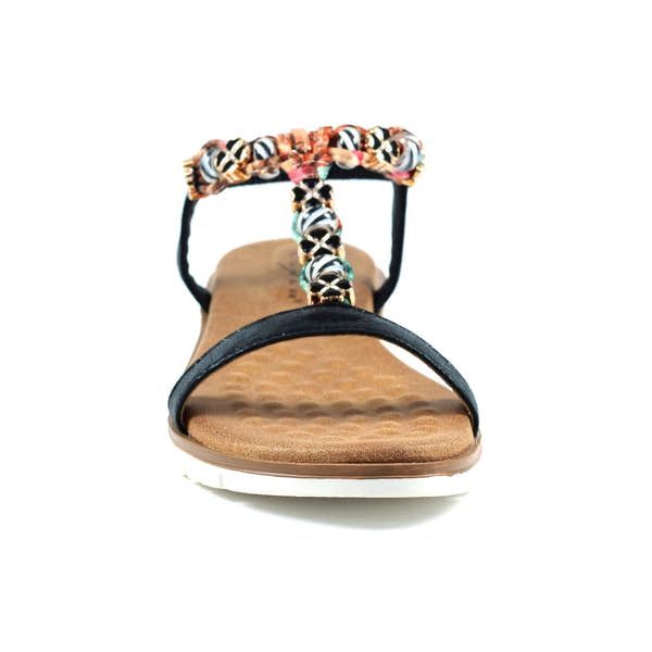Lunar JLH363 Tempo Ladies Black Elasticated Sandals with beaded ankle strap, cushioned footbed, and flat sole.