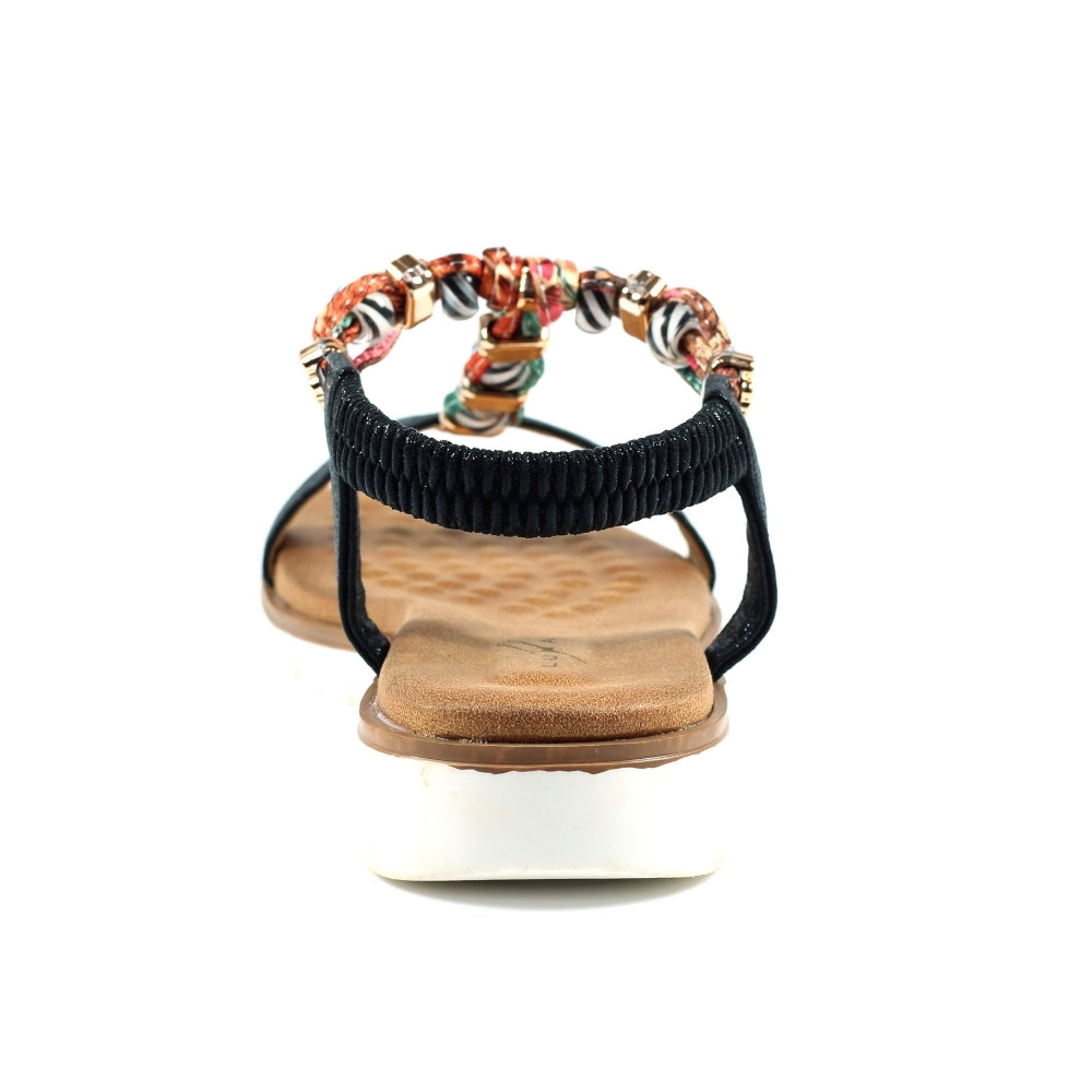 Lunar JLH363 Tempo Ladies Black Elasticated Sandals with embellished ankle straps and cushioned footbed.