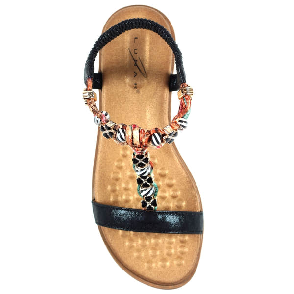 Lunar JLH363 Tempo Ladies Black Elasticated Sandals with decorative beaded strap and cushioned footbed.