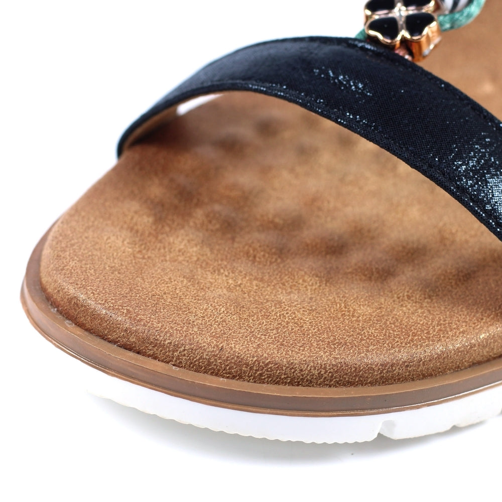 Lunar JLH363 Tempo Ladies Black Elasticated Sandals with cushioned footbed and open-toe design.
