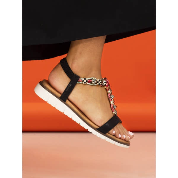 Lunar JLH363 Tempo Ladies Black Elasticated Sandals with floral-embellished straps and white sole.