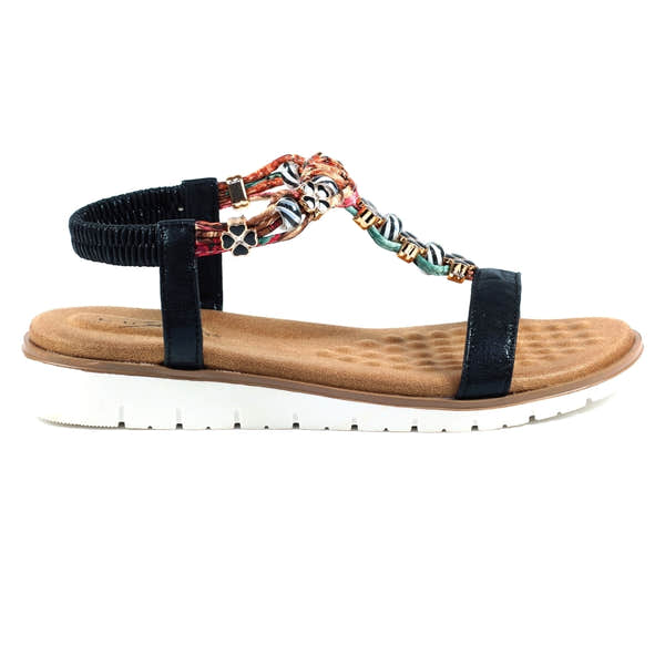Lunar JLH363 Tempo Ladies Black Elasticated Sandals with decorative beaded and fabric ankle strap, cushioned footbed, and white rubber sole.