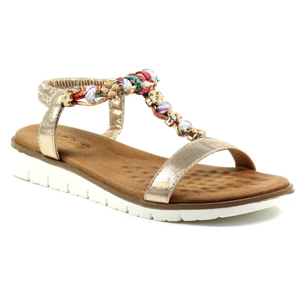 Lunar JLH363 Ladies Gold Elasticated Sandals with beaded ankle strap, cushioned footbed, and white sole.