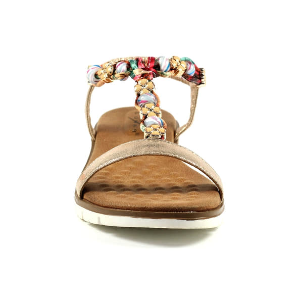 Lunar JLH363 Ladies Gold Elasticated Sandals with decorative beaded straps and cushioned footbed.