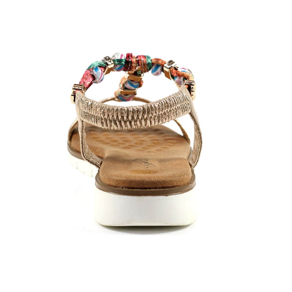 Lunar JLH363 Tempo Ladies Gold Elasticated Sandals with colorful strap details and cushioned footbed.