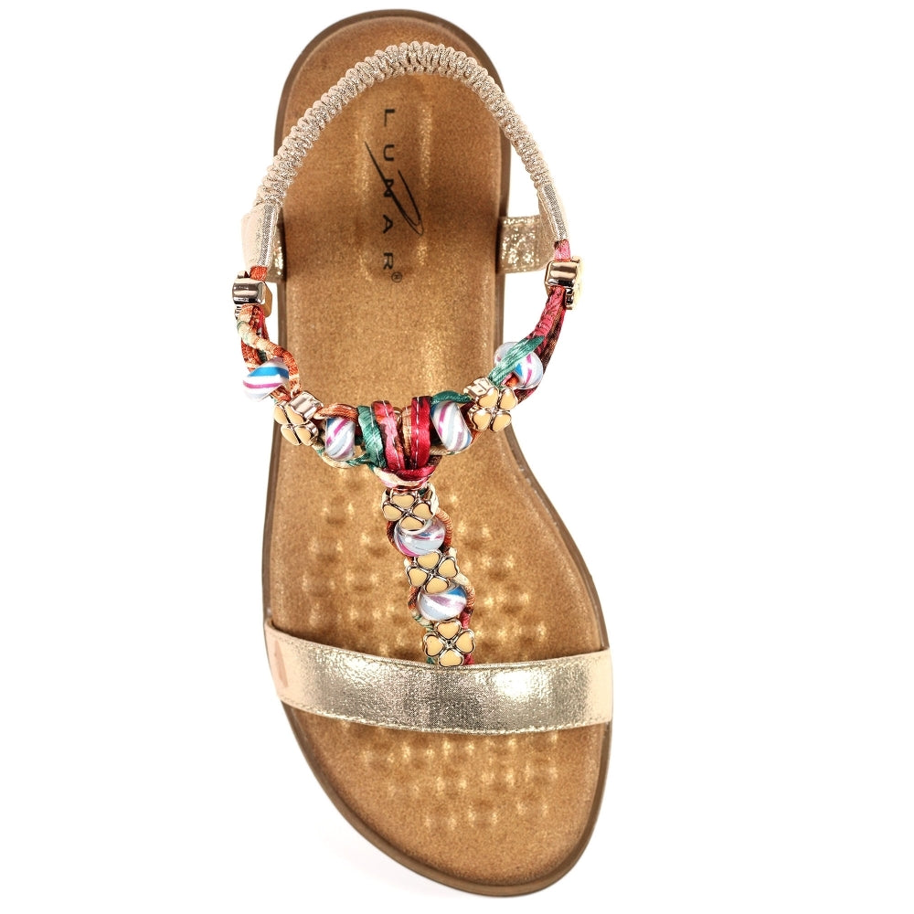 Lunar JLH363 Tempo Ladies Gold Elasticated Sandals with colorful beaded T-strap design and cushioned footbed.