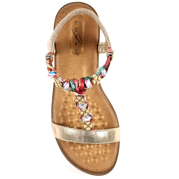 Lunar JLH363 Tempo Ladies Gold Elasticated Sandals with colorful beaded T-strap design and cushioned footbed.