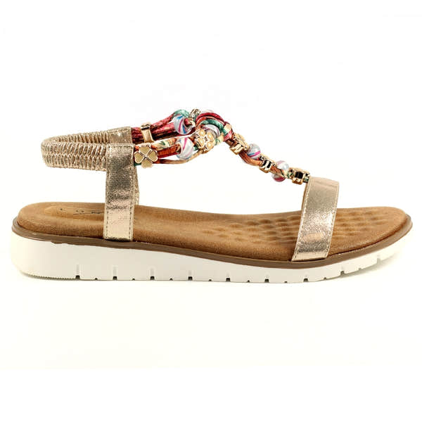 Lunar JLH363 Ladies Gold Elasticated Sandals with beaded embellishments, flat sole, and adjustable ankle strap.
